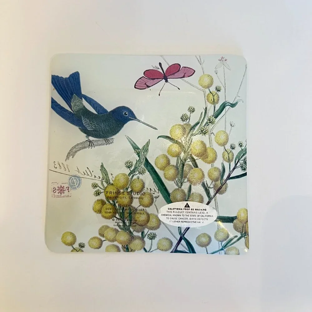 Blue Hummingbird & Pink Butterfly Ornate Small Glass Trinket Dish Jewelry Tray